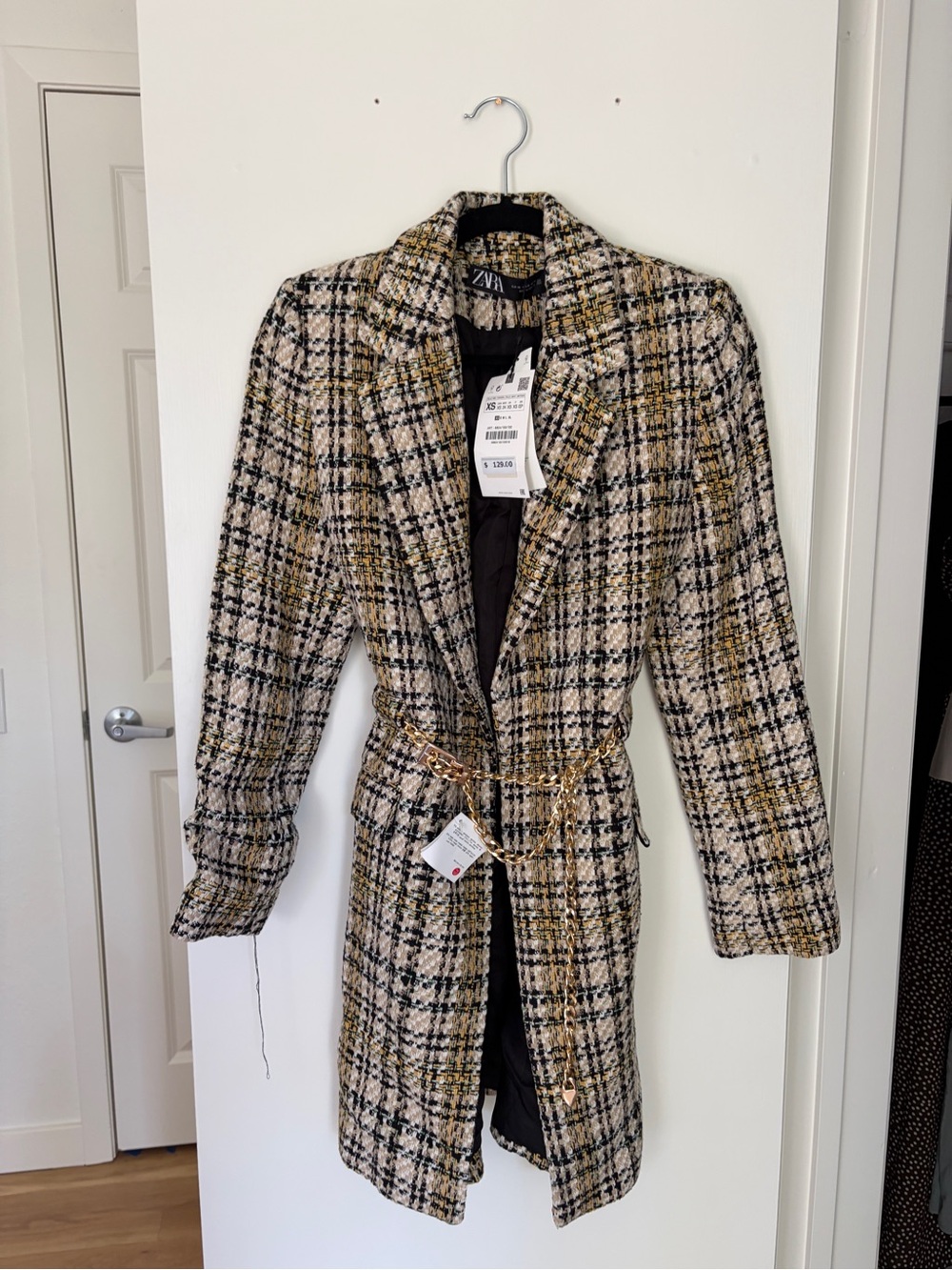 Zara Cream, Black & Gold Plaid Tweed Belted Coat